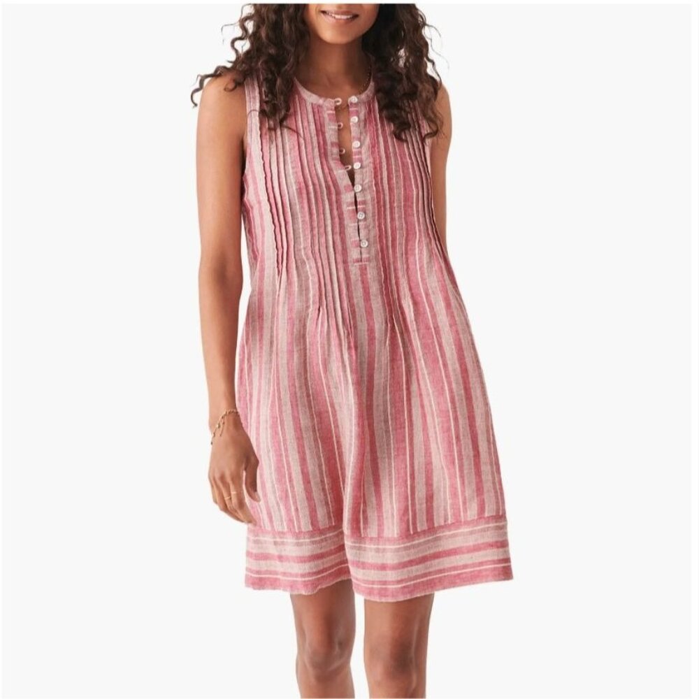 Faherty Small Linen Blend Pintuck Dress, Jewel Neck Sleeveless, Lightweight